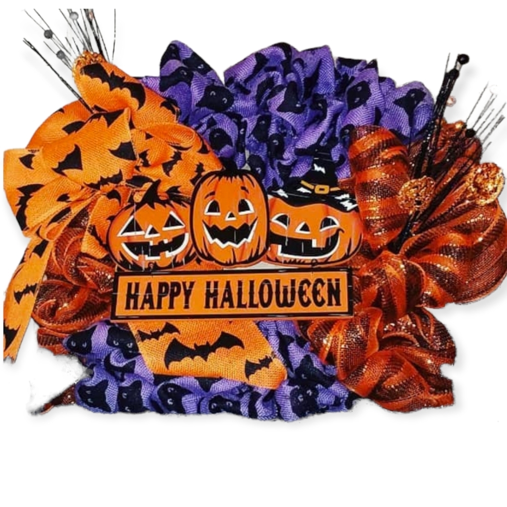 BURLAP JACK-O'-LANTERN BLACK CAT HALLOWEEN WREATH